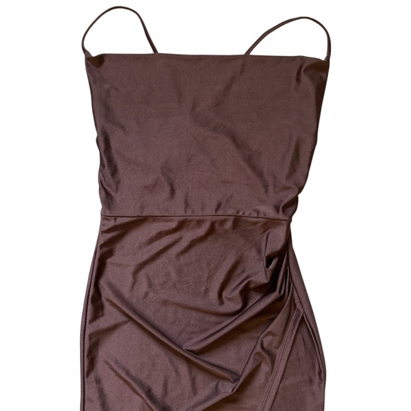 Brown Ruched Bodycon Midi Dress Sz S Spaghetti Strap Slit Wedding Cocktail Party - Picture 3 of 8